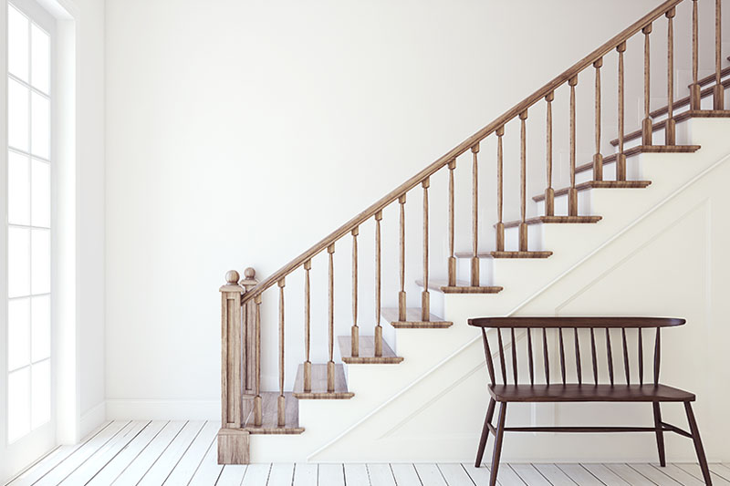 A classic staircase in a home purchased with a jumbo loan.