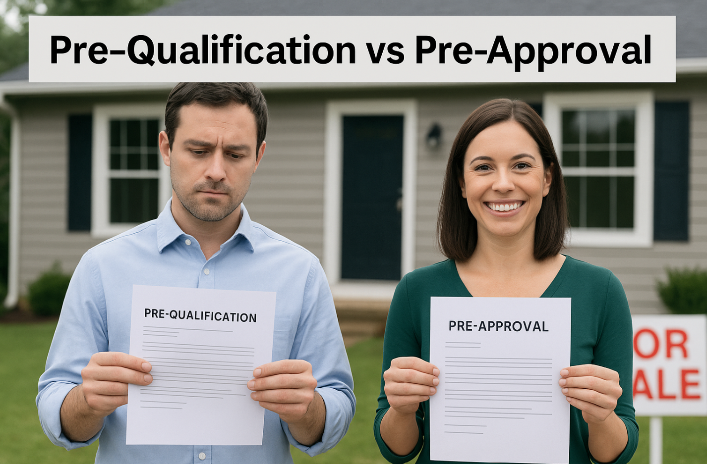 Side-by-side comparison of a disappointed man holding a pre-qualification letter and a smiling woman holding a pre-approval letter in front of a house for sale, with the text 'Pre-Qualification vs Pre-Approval' above them.