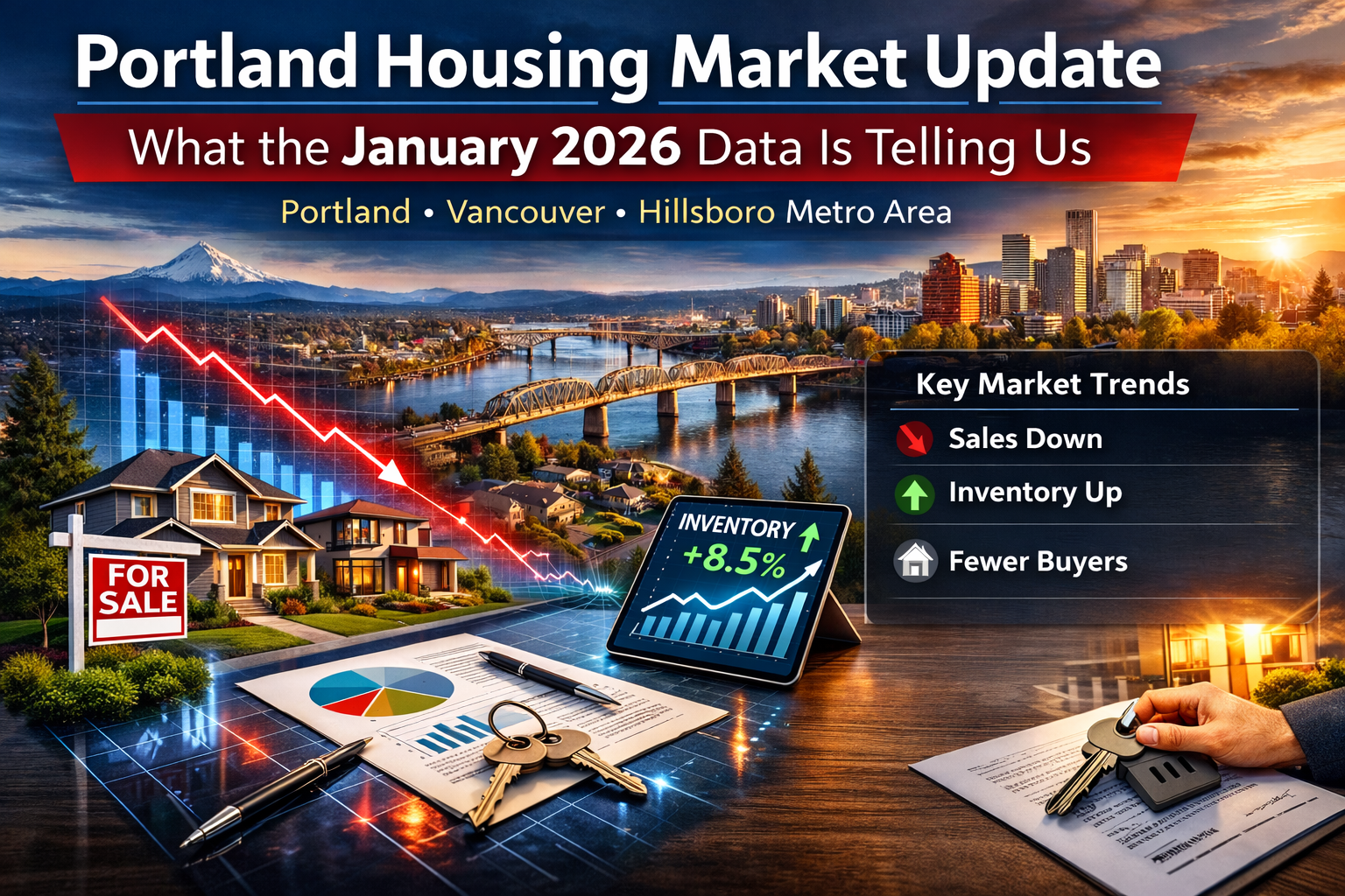 Banner image of the Portland skyline at sunset with Mount Hood, titled “Portland Housing Market Update: What the January 2026 Data Is Telling Us,” with simple market trend graphics.