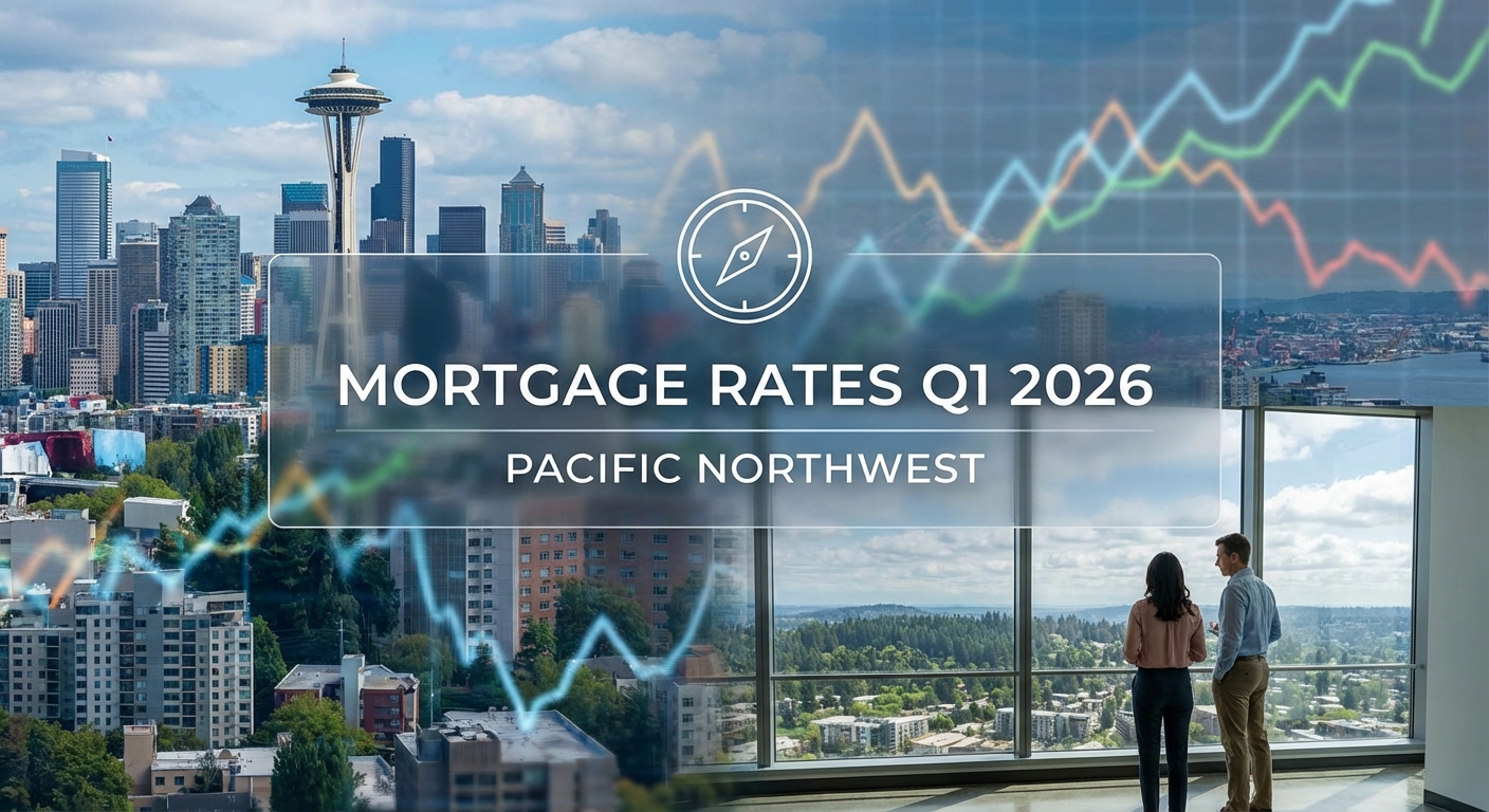 Homebuyer reviewing Q1 2026 mortgage rate trends on a tablet while planning a home purchase.