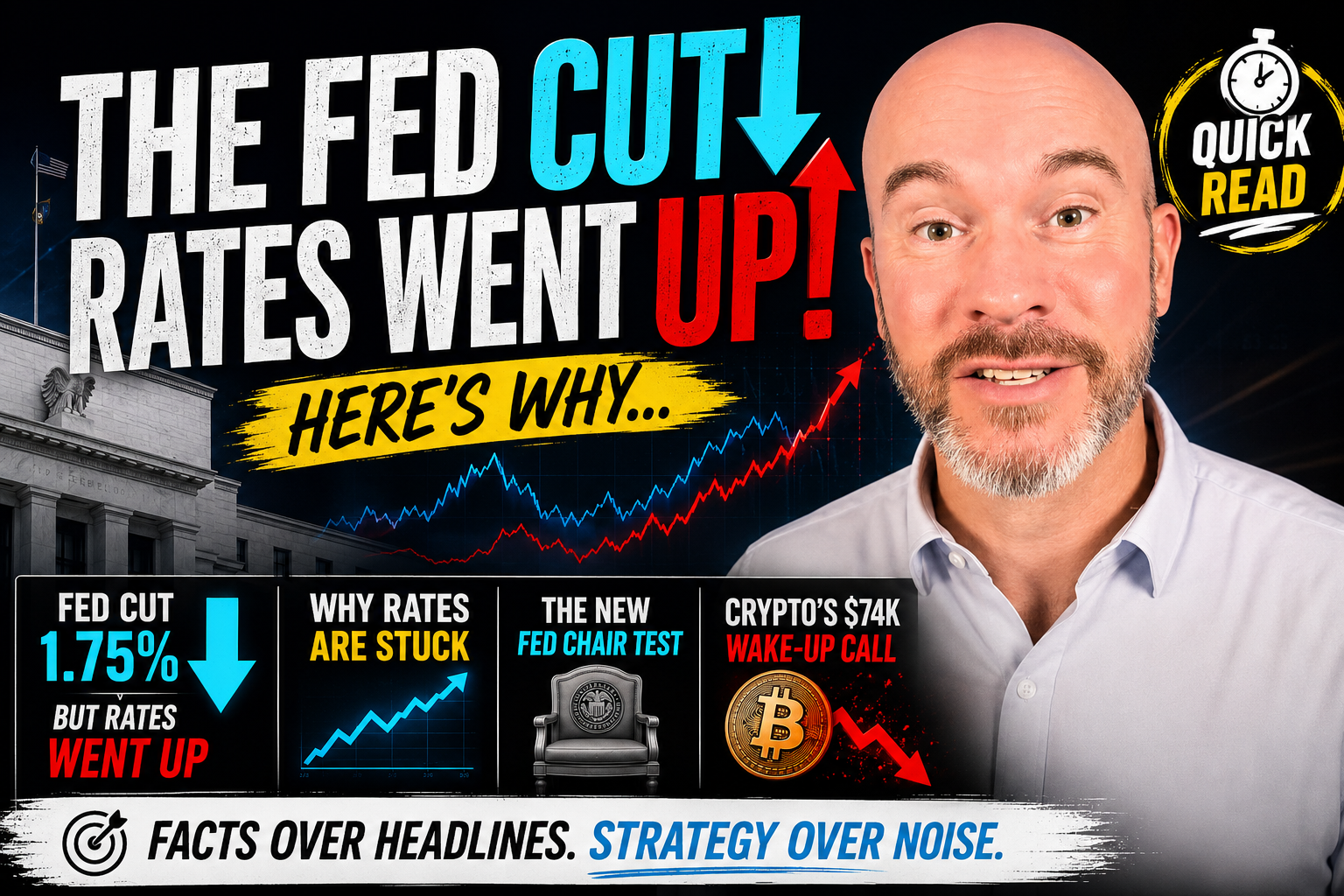 Matt Jolivette explaining why mortgage rates rose even after the Fed cut interest rates, with bold mortgage rate graphics and market arrows.